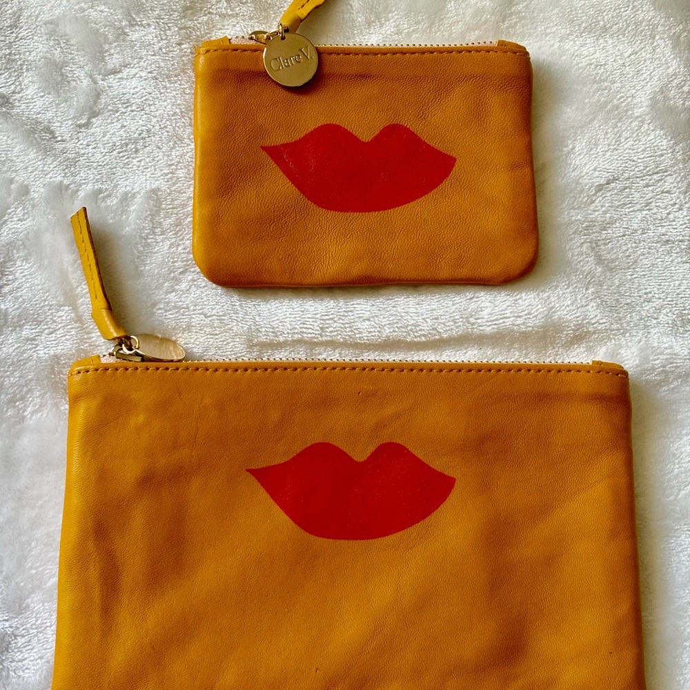 Clare V. Wallet and coin clutch set with red lips